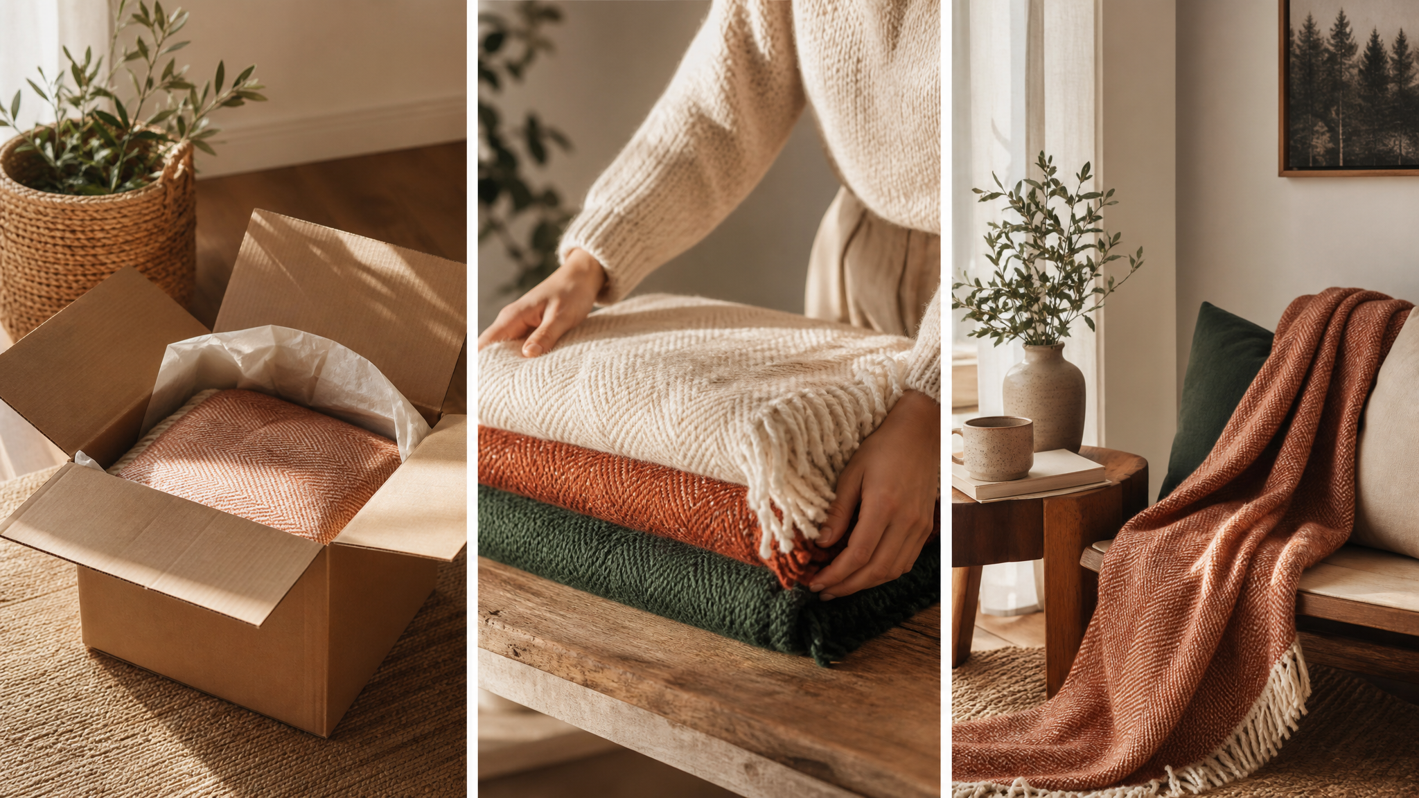 Three warm still-life vignettes: an open parcel, folded blankets and a styled cosy corner