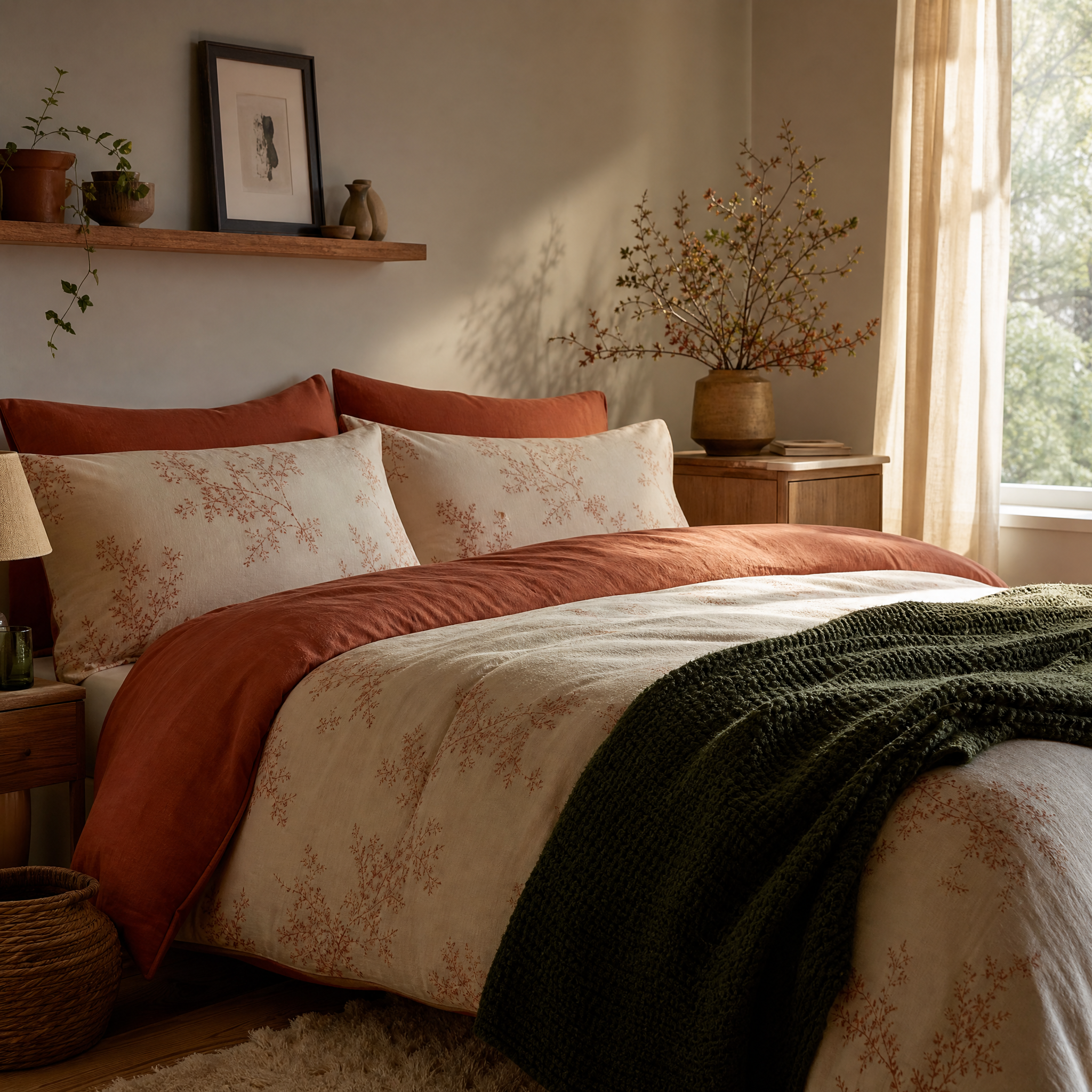 Brushed Cotton Bedding Set: a made bed with a warm cream and terracotta brushed cotton duvet and pillows