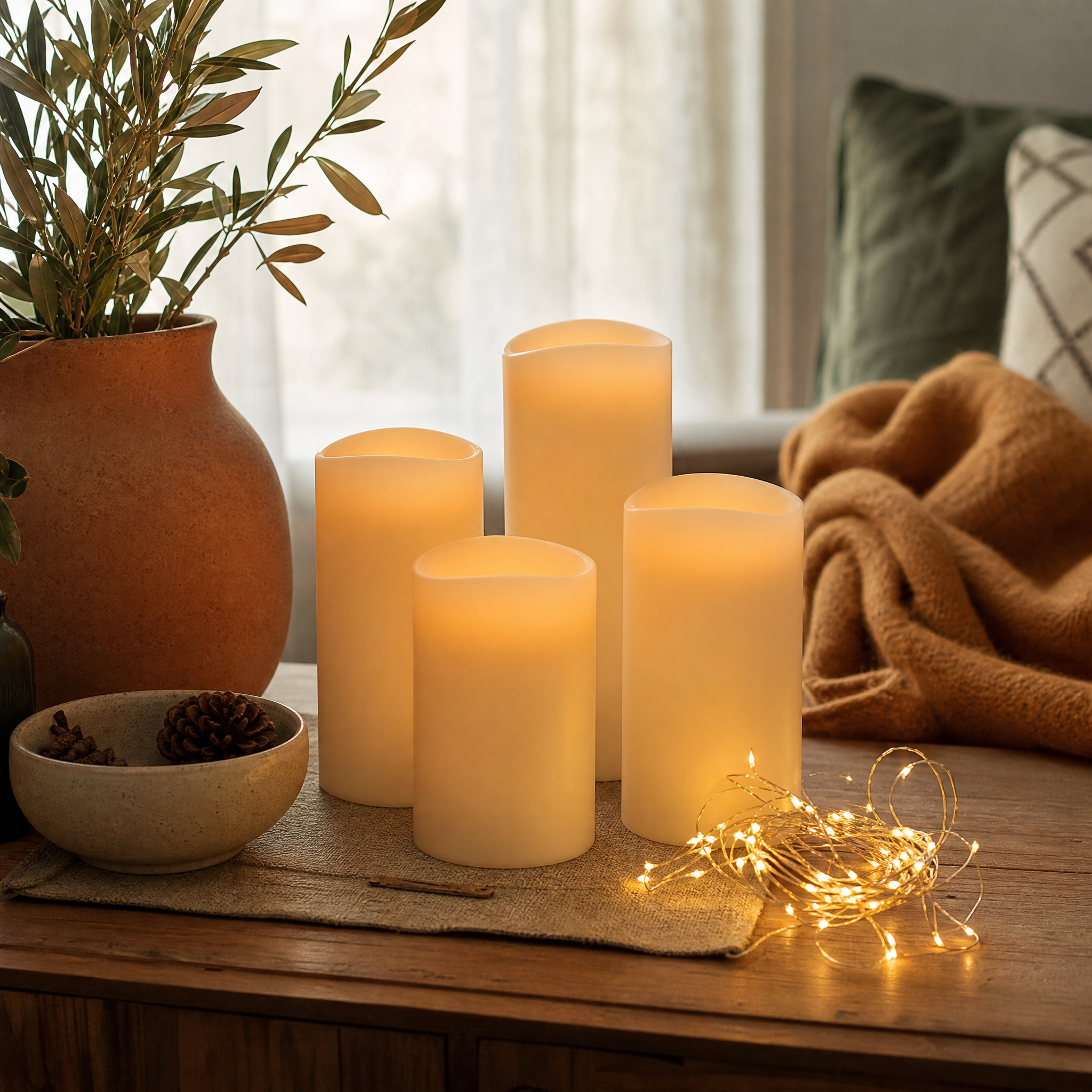 Flameless Ambience Set: warm-glow LED flameless pillar lights and a coiled warm-white string light on wood