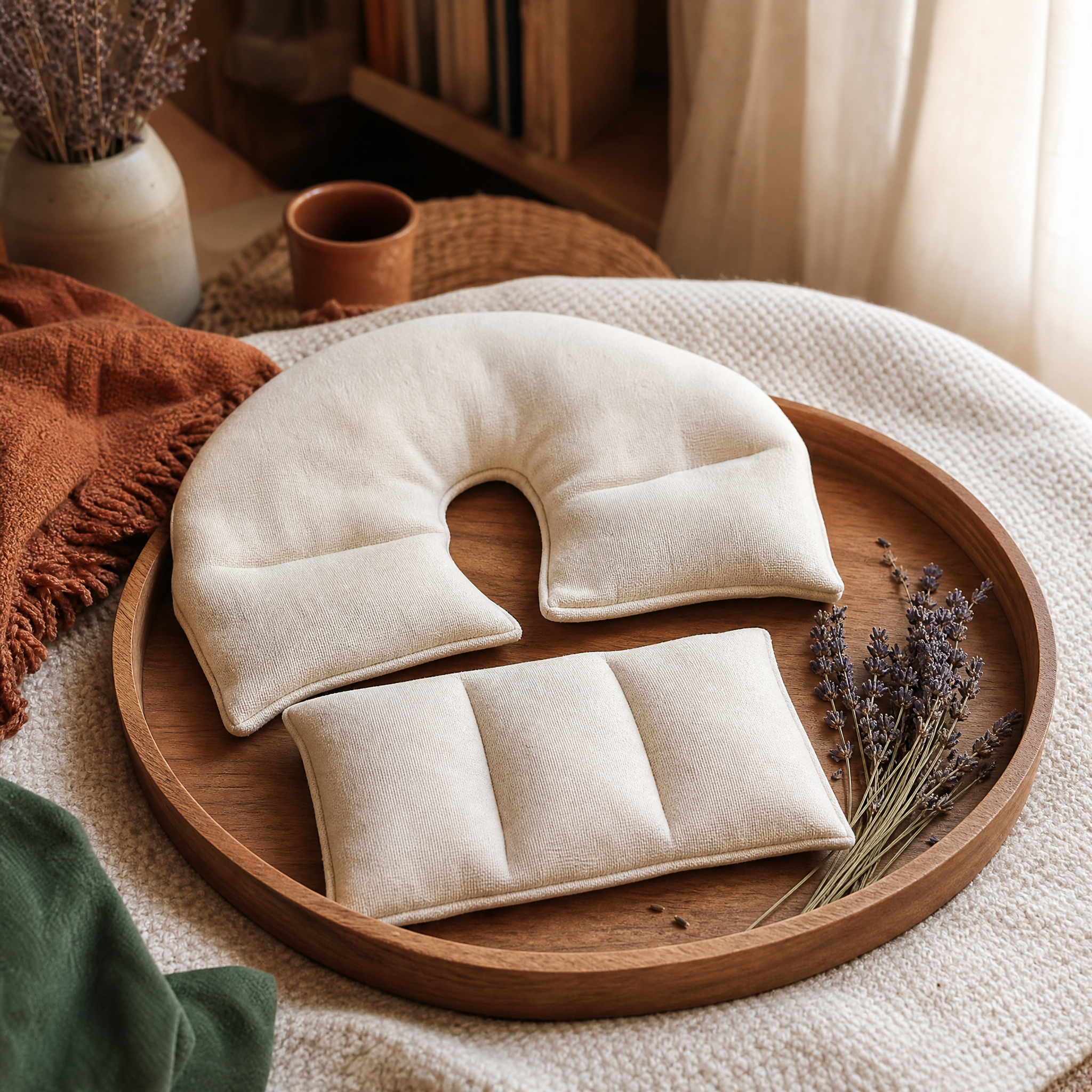Heat Pack Comfort Trio: two natural cotton microwavable wheat packs on a wooden tray with dried lavender