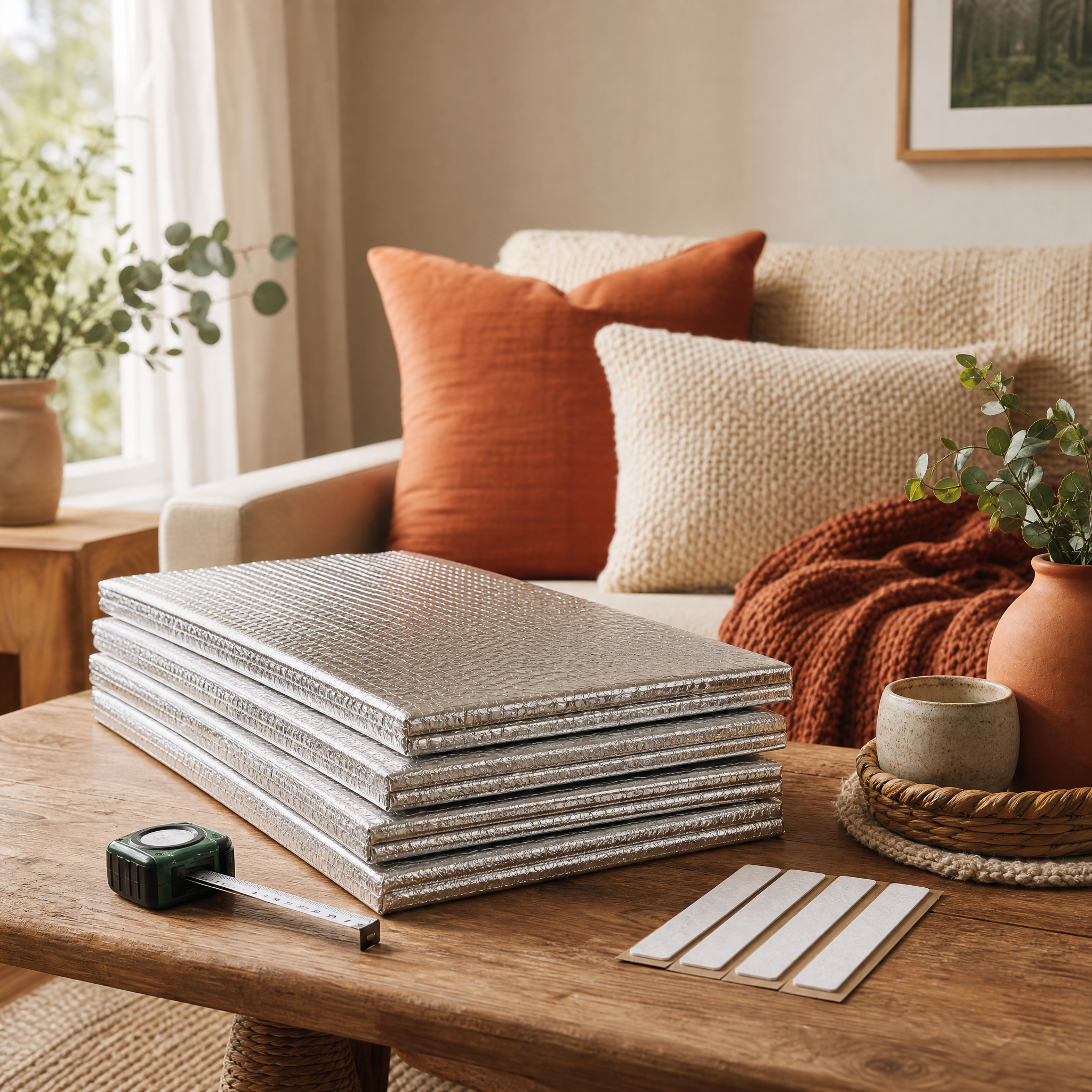 Radiator Boost Set: four slim reflective foil panels with a measure and mounting strips on a cream background