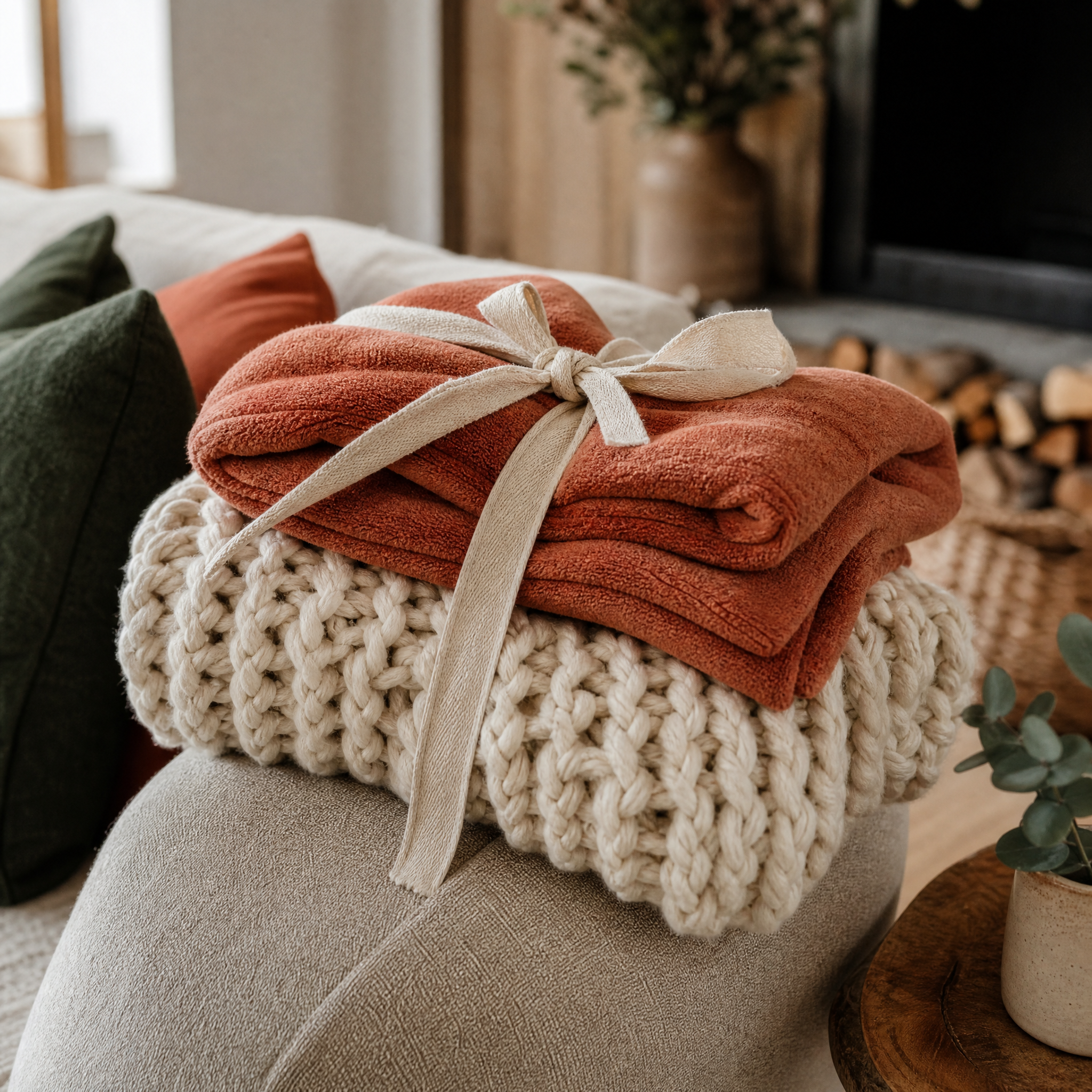 Snug Throw Duo: a cream chunky knit throw and a terracotta fleece blanket folded with a tie strap