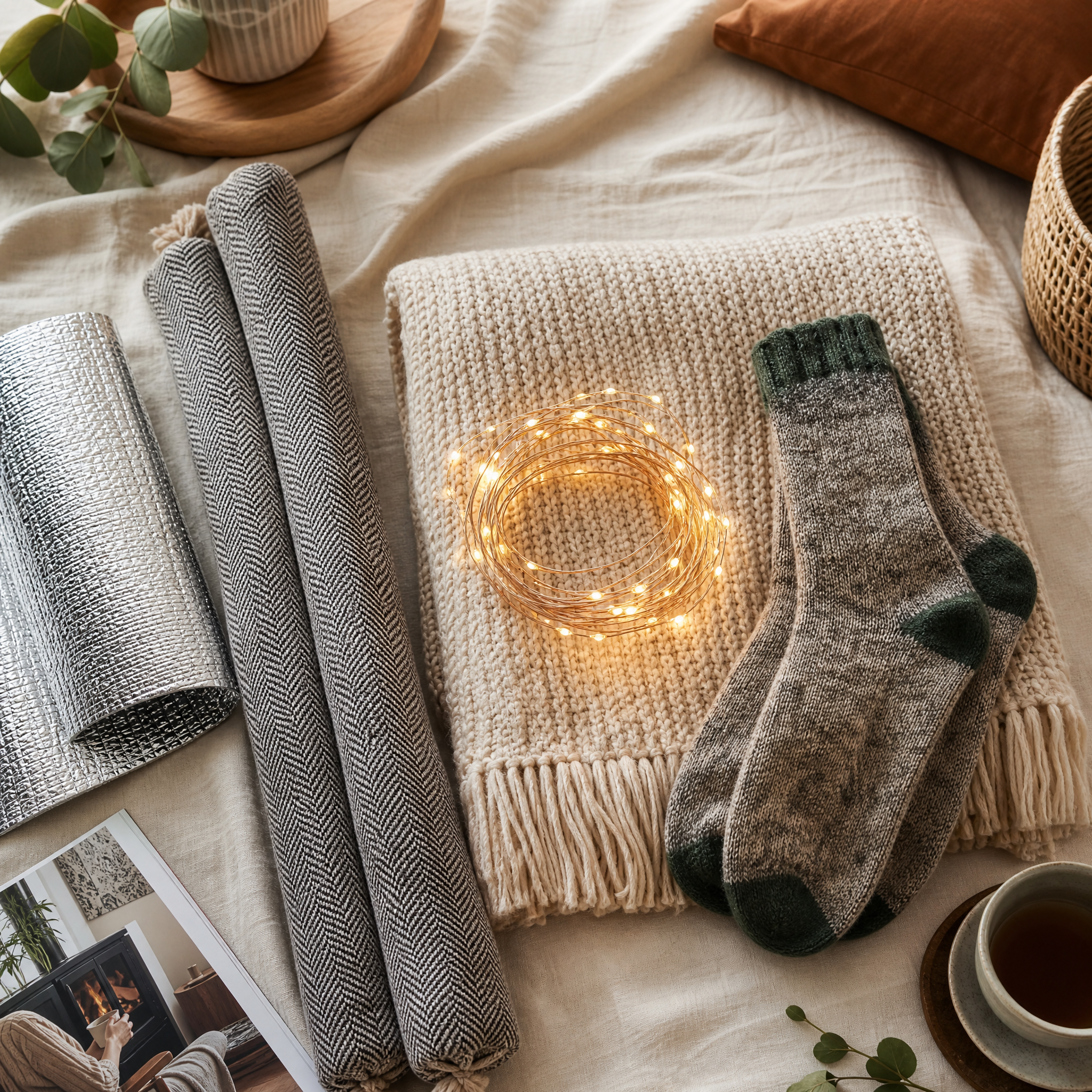 Whole-Room Cosy Kit flatlay: draught strips, reflective foil, a knit throw, warm-white LED string light and wool socks