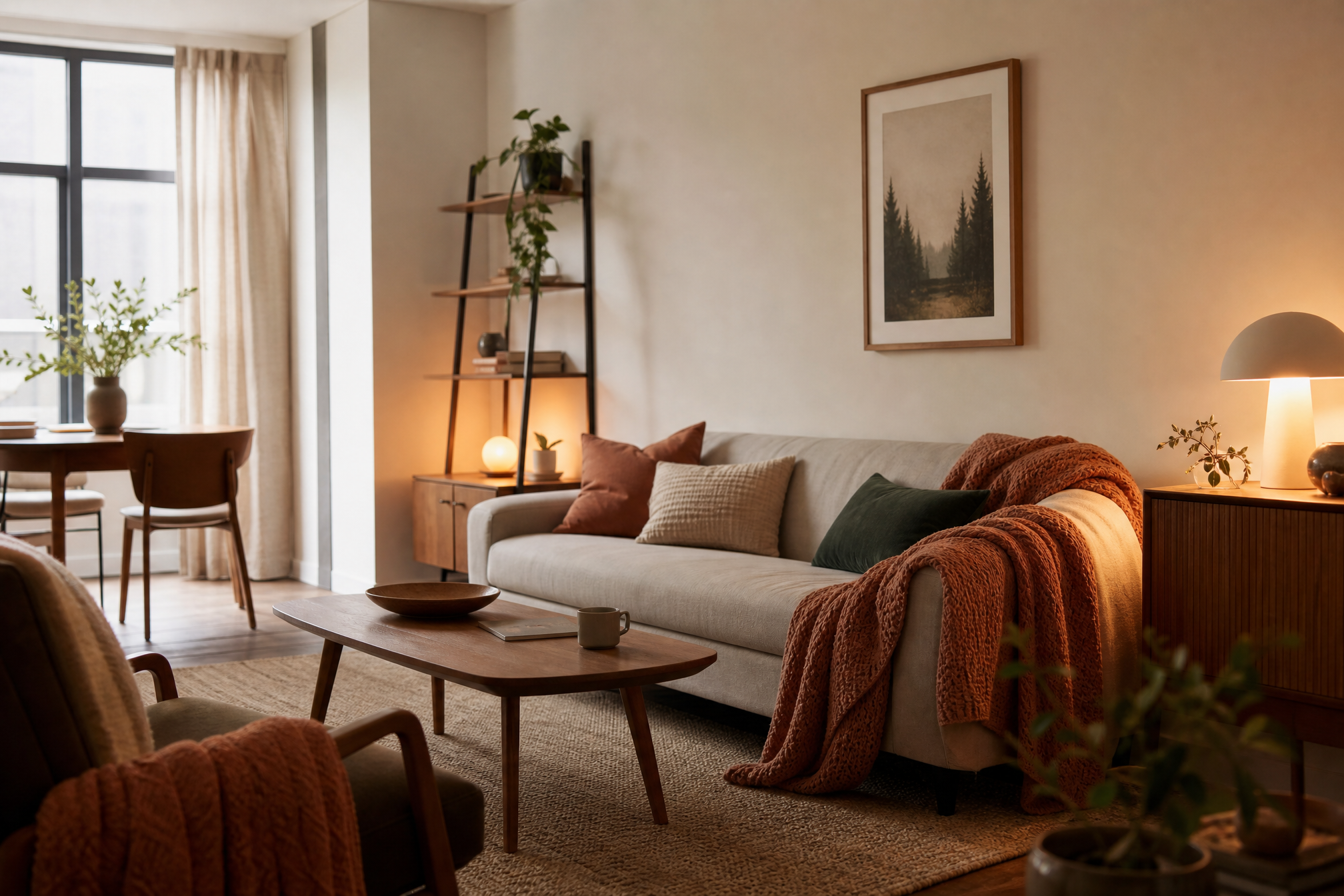 A rented flat living room softened with a draped throw and warm lamp